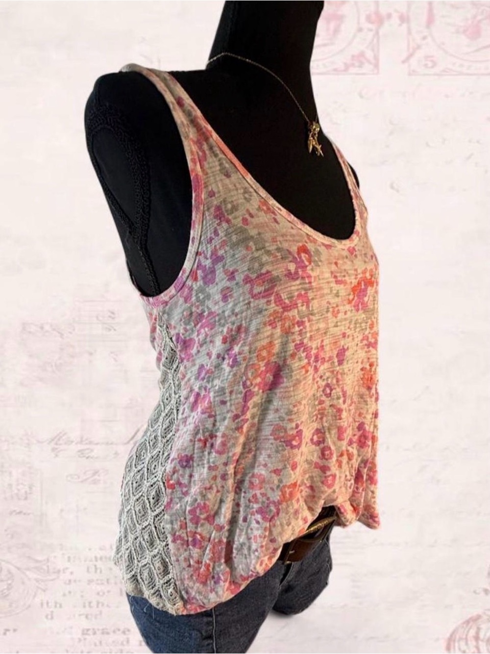 Floral Pink Crochet-Back Women's Tank Top
